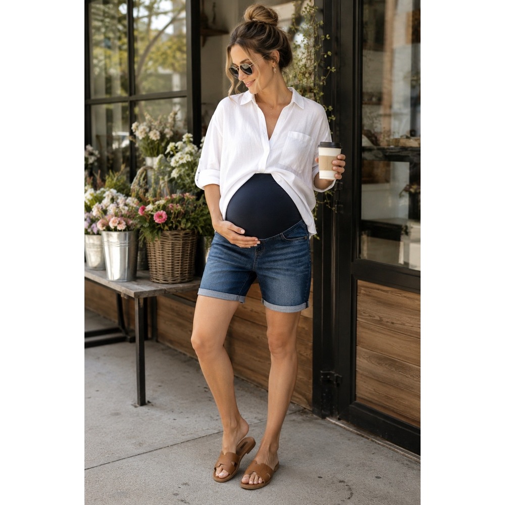 Isabel Maternity Bermuda Shorts Over Belly Stretch Size 2 Dark Wash Denim